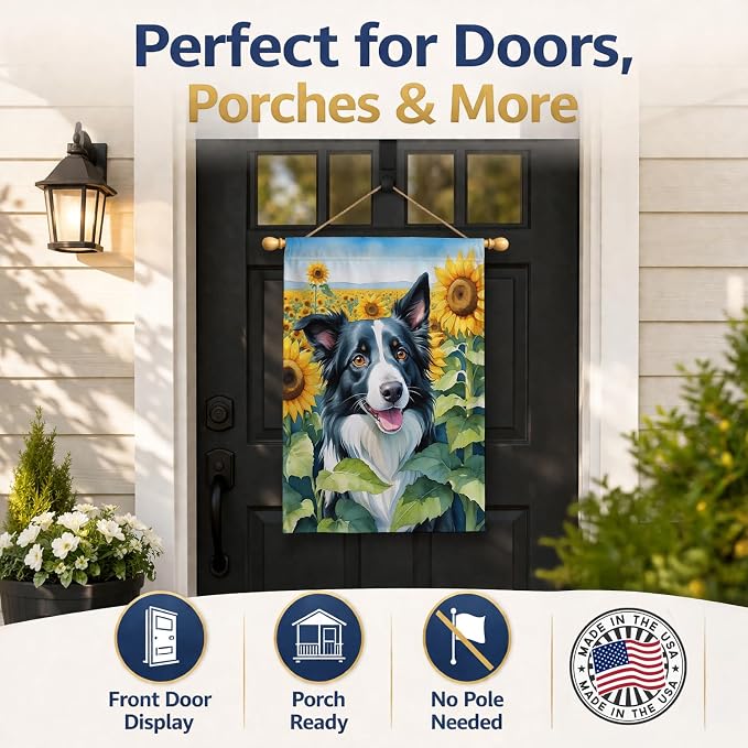 Caroline's Treasures DAC6031CHF Border Collie in Sunflowers House Flag Large Porch Sleeve Pole Decorative Outside Yard Banner Artwork Wall Hanging, Polyester, House Size, Multicolor