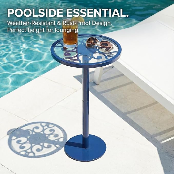 Navy Blue Drink Table, Indoor Outdoor Small Round Side Table with Tempered Glass & Scroll Design, 24.7" Metal Pedestal End Table for Living Room,Patio, Pool, Coastal Nautical Decor (Navy Blue)