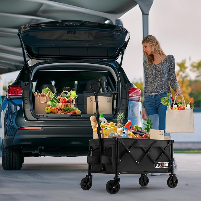 OVERMONT Collapsible Wagon Cart with Tailgate, 220 lb Lightweight Folding Utility Cart with Wheels, Compact Grocery Garden Sports Carrier for Shopping Camping Outdoor Use
