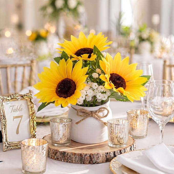 Zeyune 8 Pcs Sunflower Potted Plants Rustic Summer Spring Kitchen Wedding Table Centerpieces Silk Yellow Fake Flower with Plastic Pot for Home Bathroom Office (White, Sunflower and Baby's Breath)