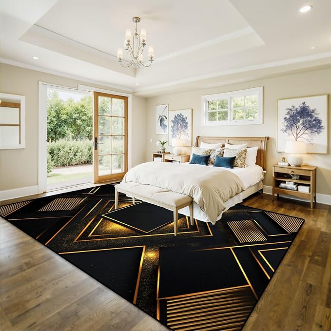 10x14 Area Rugs for Living Room Black Gold Geometric Stripe Decorative Repeated Patterns Radiating Washable Large Area Rug for Bedroom Non Slip Outdoor Carpets Soft Mats Kitchen Home Office Decor