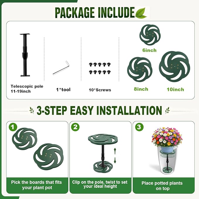 KJX Adjustable Height Plant Risers for Inside Pots, 12-21" Planter Inserts for Large Tall Taper Planters, Plastic Pot Fillers for Indoor/Outdoor Planters(6" 8" 10" Base or Top)