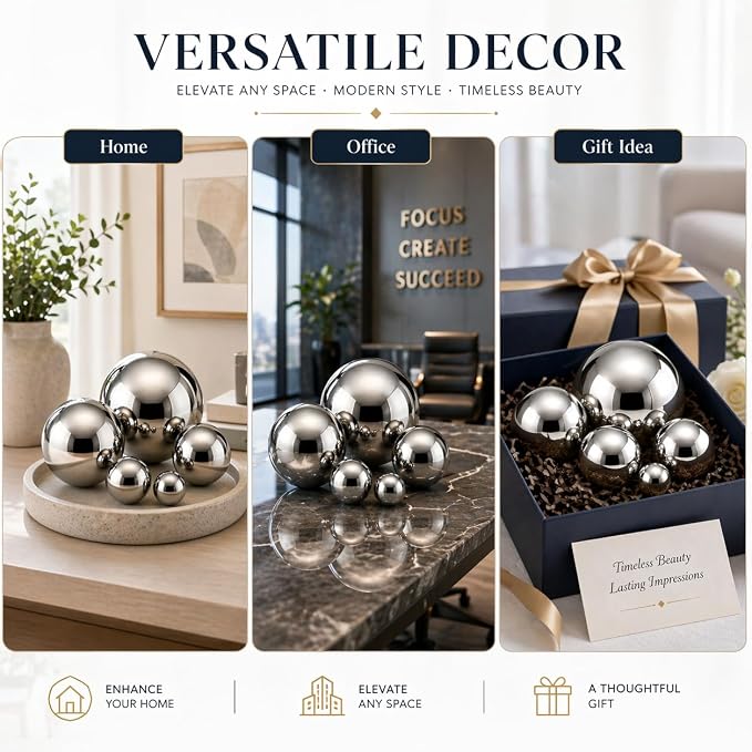 Gazing Ball Garden Mirror Outdoor - Outside Decorative Globe, Silver, 5Pcs | Metal Polished Reflective Sphere, Stainless Steel Hollow Decoration Ornament for Home Pond Swimming Pool Housewarming Gift