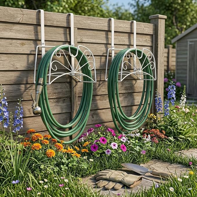 Garden Hose Holder, Metal Water Hoses Holder for Outside, Heavy Duty Detachable Garden Tube Storage Hanger Rack Holds 160 FT for Expandable & Flexible Hoses - Wall Mount or Hanger (Large White)