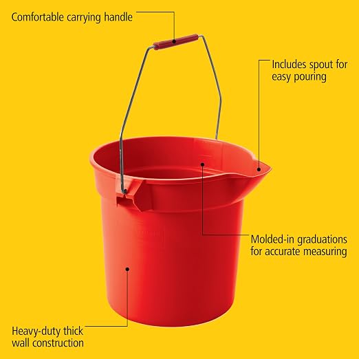 Rubbermaid Commercial Products Brute Heavy-Duty Round Bucket, 10-Quart, Red, Corrosive-Resistant Pail with Handle for Cleaning/Material Transport