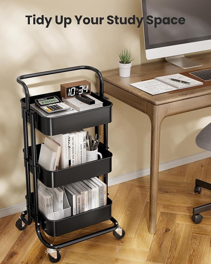 Pipishell 3 Tier Rolling Cart, Metal Utility Cart with Wheels and Handle, Rolling Storage Cart for Nursery Room, Living Room, Painting Room, Office and Kitchen, Black