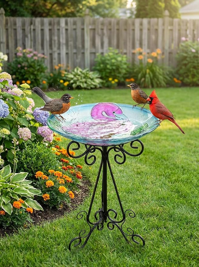 Large Bird Bath for Outside, 18" H Glass Bath Bowl with Metal Stand 28" H Standing Outdoor Birdbaths for Garden Yard Lawn Decor, Flamingo