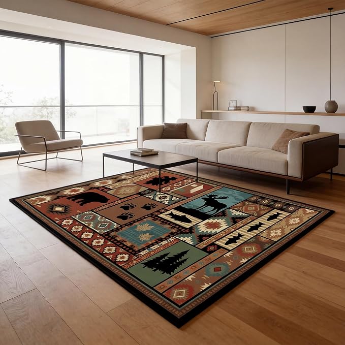 Rustic Cabin Area Rug 5x7 ft Southwestern Lodge Bear Moose Non Slip