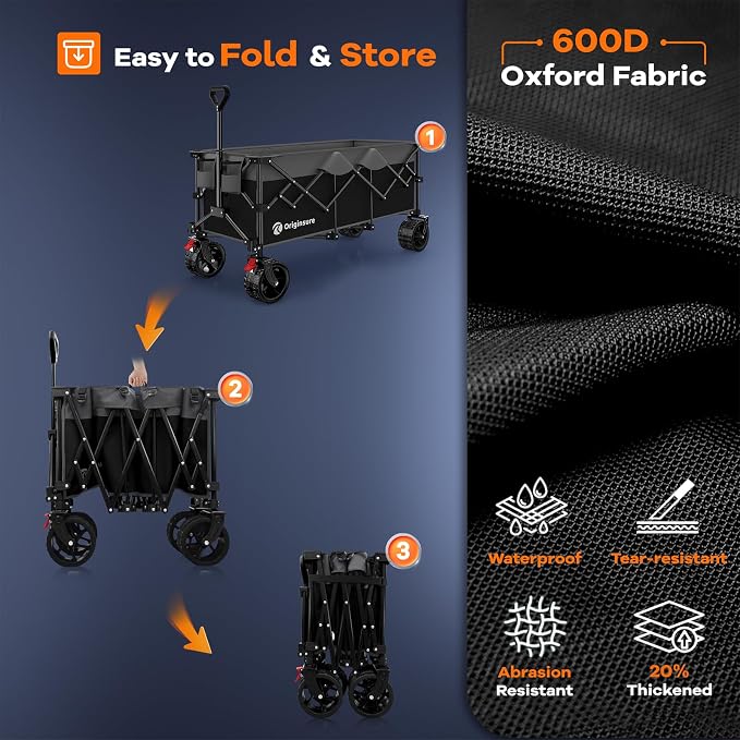 Originsure 48" L Collapsible Wagon Cart Foldable, 560lbs Weight Capacity 300L Heavy Duty Folding Beach Wagons with Big All-Terrain Wheels, Utility Carts for Groceries, Camping, Sports - Grey&Black