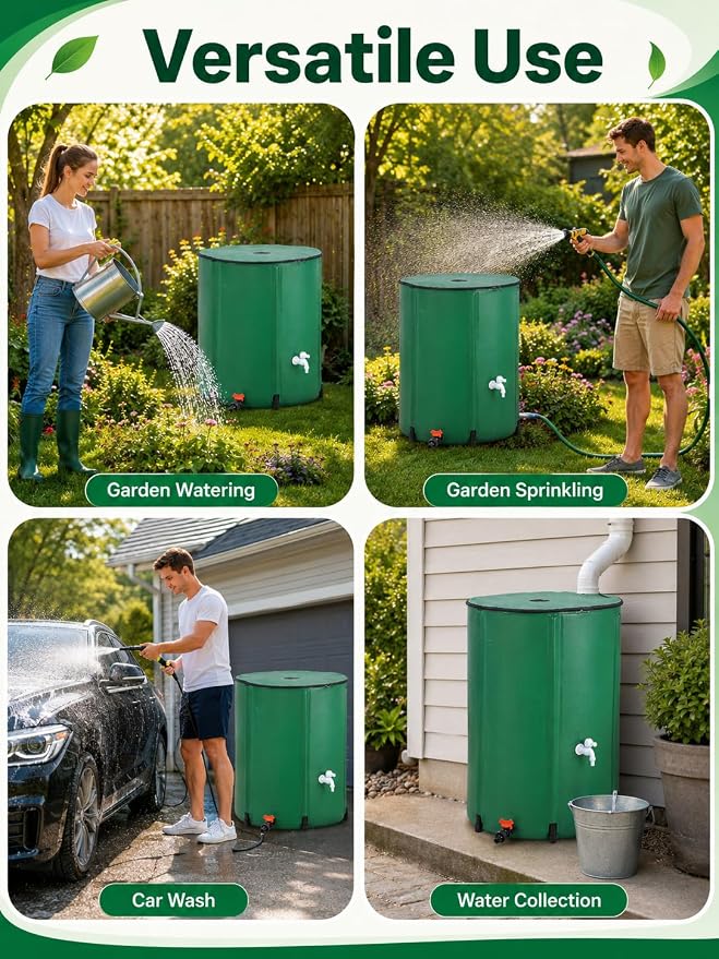 132 Gallon Collapsible Rain Barrel, Portable Rainwater Collection System, Water Storage Tank, Rain Catcher Barrel with Two Spigots and Overflow Kit, Rain Water Barrel Collector for Garden, Green