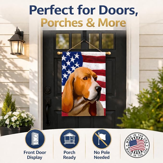 Caroline's Treasures CK6409CHF Artois Hound Dog American Flag House Flag Large Porch Sleeve Pole Decorative Outside Yard Banner Artwork Wall Hanging, Polyester, House Size, Multicolor