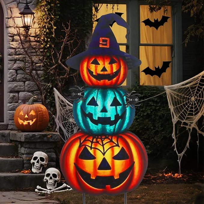 Halloween Yard Stakes Large with Stackable Pumpkins Scary Spiders | 39.3" Metal Halloween Yard Decorations for Garden, Lawn, Patio, Outdoor Decor with Witch Hat
