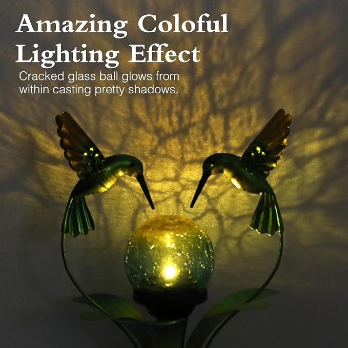Decorative Solar Outdoor Light, Hummingbird Glass Globe Stake for Lawn Yard | Solar Hummingbird Lights With Wind Spinner Design, Crackle Glass Globe, Auto On/Off For Garden, Lawn, Yard