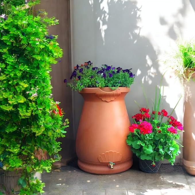 Rain Wizard Decorative Urn Rain Barrel, Durable polyethylene Resin, with Brass Spigot, Flat-Back Design,Perfect for Gardening Any Home (Terra Cotta, 65 Gallon)