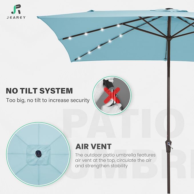 JEAREY 8x10 ft Rectangular LED Lighted Patio Umbrellas Outdoor Solar Table Market Umbrella w/Crank, 8 Sturdy Ribs, UV Protection Waterproof Sunproof(Lake Blue)