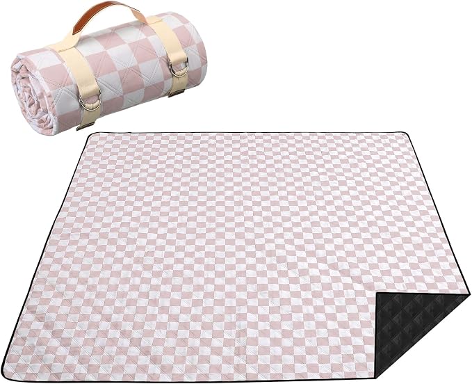 Nuanchu Checkered Picnic Blanket Extra Large Outdoor Blanket Sandproof 80"x80" Waterproof Portable Machine Washable 3 Layer Thick Gingham Picnic Mat for Beach Camping Park Grass Travel (Brown)