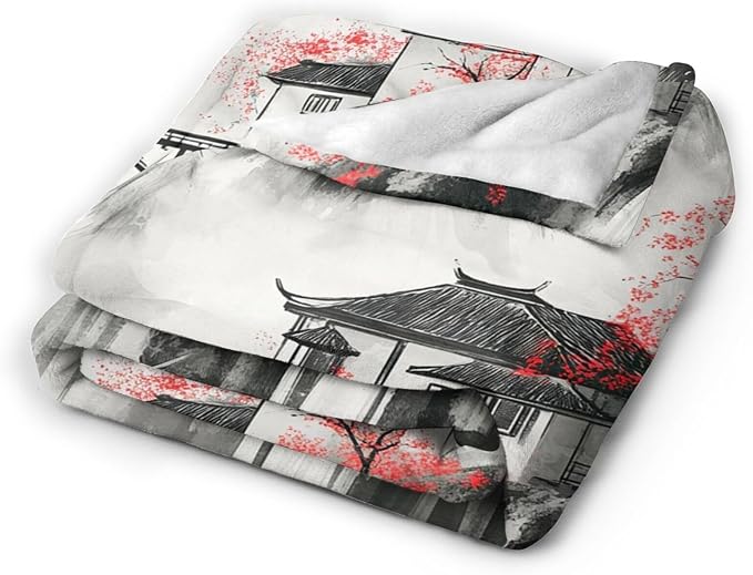 Japanese Throw Blanket Splash Red Cherry Blossom Gifts for Girls Women Men Boys Plush Cozy Flannel Fleece Fuzzy Landscape Blankets 80"X60"