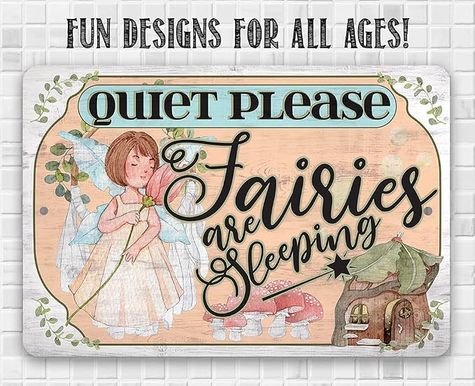 Quiet Please Fairies - Cute Baby Room Decor, Baby Shower Fairy Theme Accessories, Fairies Girl Nursery Display, Fairycore Decoration and Gift, 12x18 Indoors or Outdoors Durable Wooden Look Metal Sign
