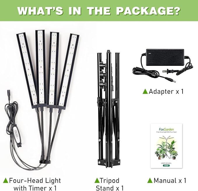 FOXGARDEN Grow Lights for Indoor Plants Full Spectrum with Tripod Stand, Tall Grow Lights for Indoor Growing with Flexible Gooseneck, Four-Head Plant Light with 4/8/12H Timer & 4 Brightness Levels