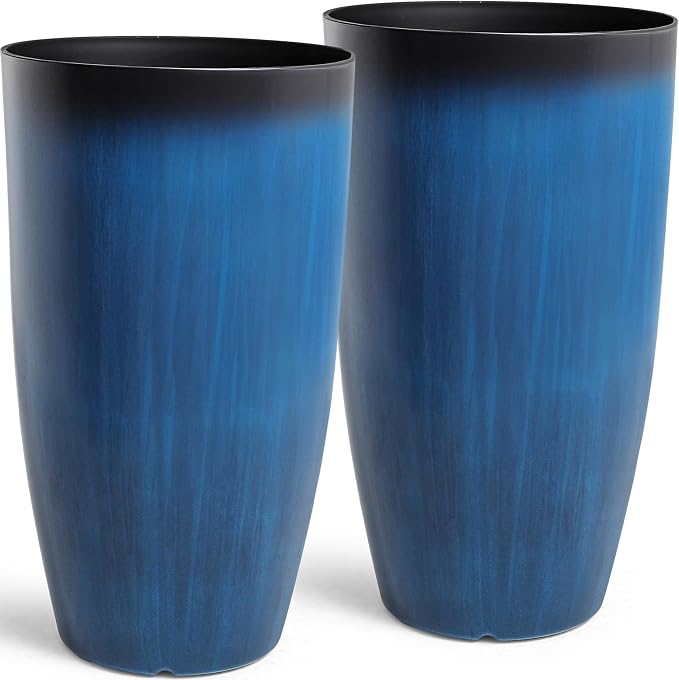 Autodaya 23.8" Tall Planters Set of 2, Large Plastic Plant Pots with Artistic Floating Cobalt Blue Glaze, UV-Resistant Lightweight PP Flower Pots for Outdoor Indoor Plants, Garden, Patio, Deck, Porch