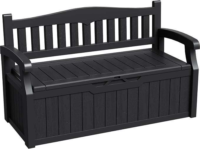 Greesum 80 Gallon Deck Box Storage Bench, Patio Furniture, Lockable, Waterproof and UV Resistant,with Armrest, Suitable for Garden, Porch, Poolside, Dark Black