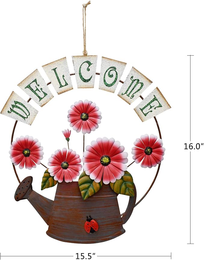Metal Flower Welcome Sign Garden Decor Decorative Wall Hanging Plaque Sign Flower Decor Garden Hanging Welcome Sign Home Porch Door Decoration (Daisy flower)