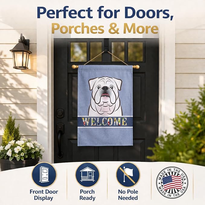 Caroline's Treasures BB1406CHF White English Bulldog Welcome House Flag, Blue Large Porch Sleeve Pole Decorative Outside Yard Banner Artwork Wall Hanging, Polyester, House Size, Multicolor