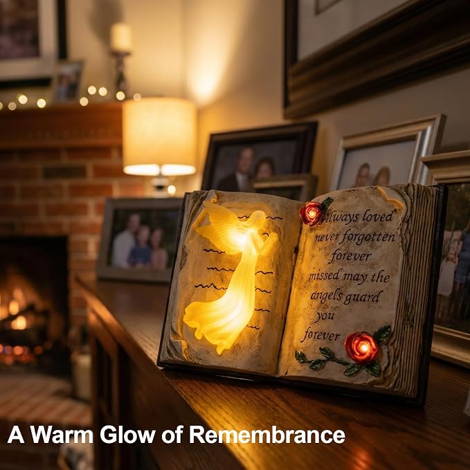 Solar Memorial Garden Lights, Angel Book Statue with Warm LED Glow, Weather-Resistant Outdoor Cemetery Decorations with 2 Removable Stakes, Sympathy Gifts for Loss of Loved One, Garden Yard Decor
