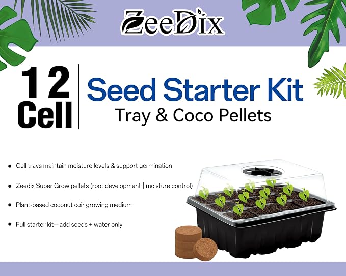 ZeeDix 2 Set Seed Starter Tray Kits with Soil, 2 Pack Seed Trays with 30 Pack Coco Coir Pellets, Adjustable Humidity Germination Tray with Dome Lids for Indoor Plants, Greenhouse for Vegetables Garden