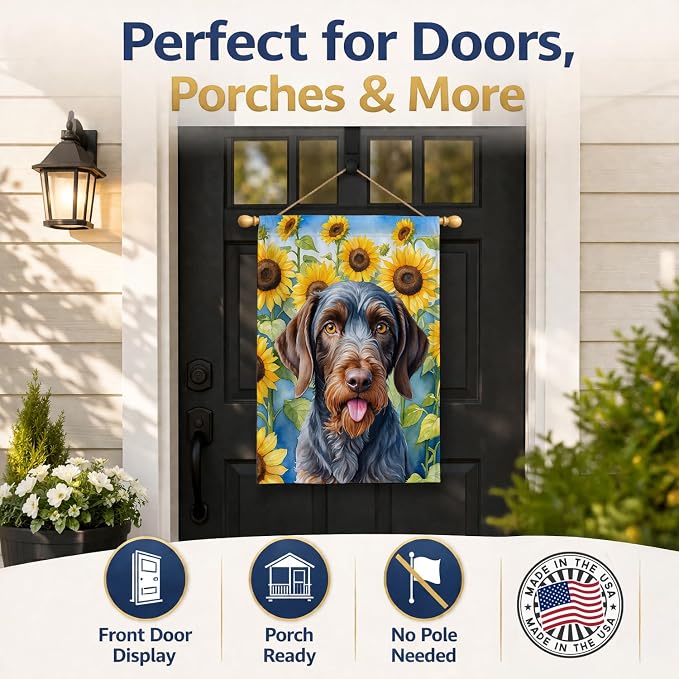 Caroline's Treasures DAC6086CHF German Wirehaired Pointer in Sunflowers House Flag Large Porch Sleeve Pole Decorative Outside Yard Banner Artwork Wall Hanging, Polyester, House Size, Multicolor