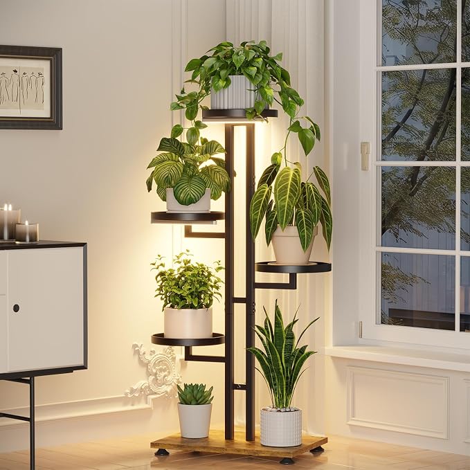 iDavosic.ly 4 Tier Plant Stand Indoor with Grow Light, Tiered Corner Multiple Flower Pot Holder Shelf, Metal Tall Display Rack for Patio Porch Living Room Bedroom, Black
