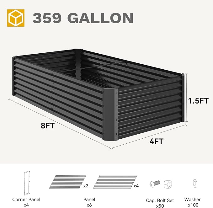 DWVO 8 x 4 x 1.5 FT Raised Garden Bed Kit, Outdoor Galvanized Flower Bed with Safety Rubber and Gloves, Large Metal Planter Box for Vegetables, Flowers, Herbs, Fruits, Black