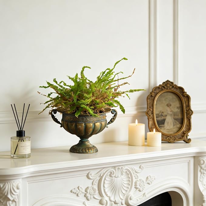 Vintage Urn Planter with Embossed Pattern, Decorative Flower Pot, Classic Round Plant Pot, European Shabby Chic Centerpiece for Mantel, Table, Entryway or Living Room Decor- Gold(13.6 * 11.9 * 8.5 in)