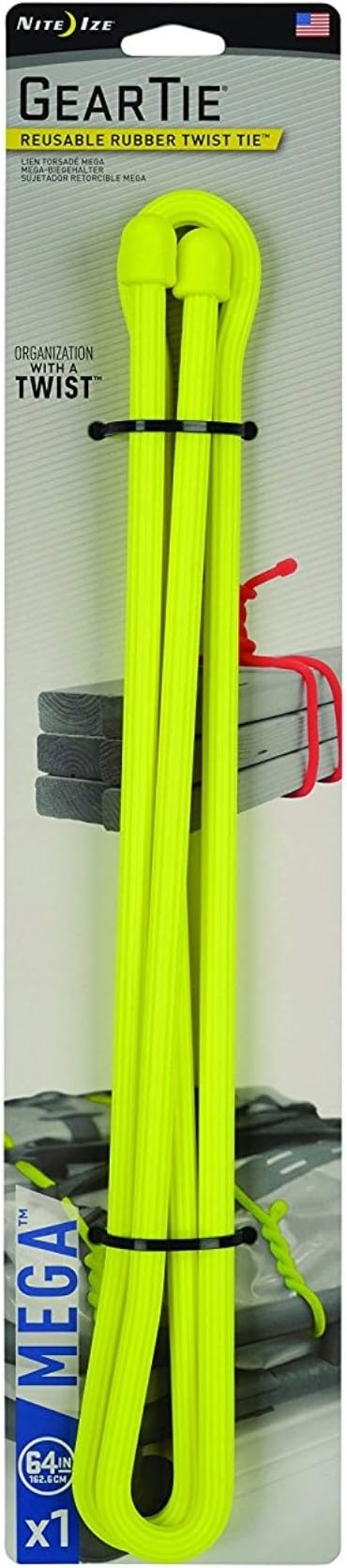 Nite Ize Gear Tie Mega, The Original Reusable Rubber Twist Tie Mega-Sized, 2X Bigger + Stronger For Heavy Duty Projects, 64-Inch, Neon Yellow, Made in the USA