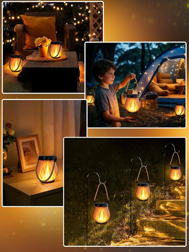 6 Pack Gen2 Solar Lanterns Outdoor Waterproof Hanging Solar Flame Lights | 2 Lighting Modes, USB & Solar Powered, Hanging Hemp Rope, IP65 Waterproof, Camp Lamp for Garden Patio Tabletop Yard Decor