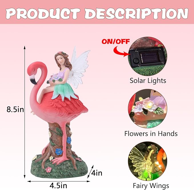 Solar Fairy & Flamingo Garden Decor Statue, Outdoor Funny Solar Light Decoration for Yard, Patio, Lawn, Unique Housewarming, Birthday Gift for Women, Mom, Grandma