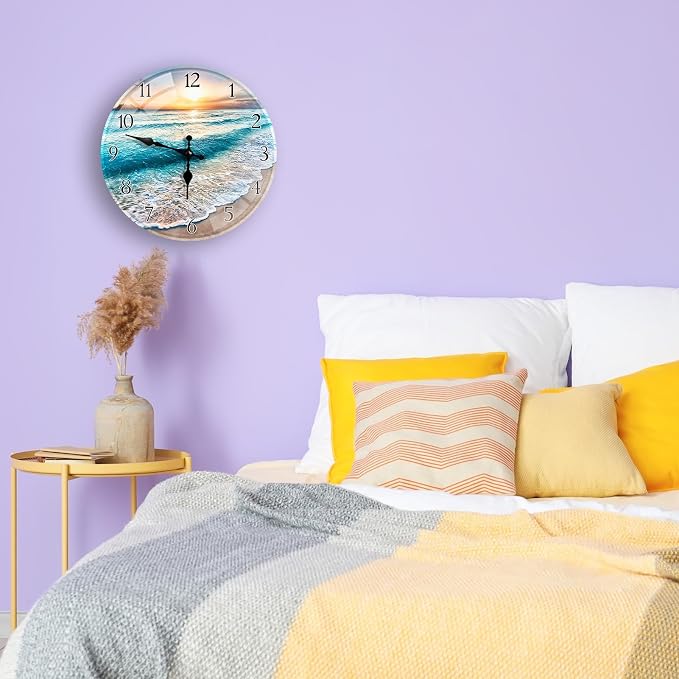 Britimes Round Wall Clock Silent Non-Ticking Battery Operated Outdoor Waterproof Glass Clock 12 Inch, Beach Sunset Summer Sea Home Decor for Living Room, Bathroom, Kitchen, Bedroom, and Office