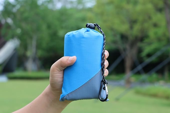 Orga'Neat Pocket Picnic Blanket, Beach Mat Waterproof Sandproof, Compact Lightweight Small Tarp for Camping, Hiking, Backpacking, Festival, Travel, Foldable in Bags (Blue/Grey, 55"x39")