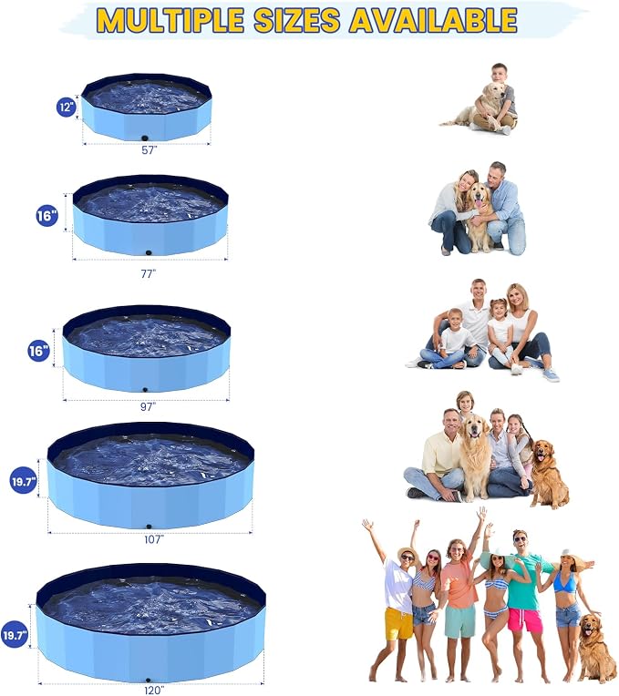 PETOCAT Foldable Pool for Dog and Kids 57" Washing Portable Plastic Tub for Large Dog, Non-Slip Collapsible Kiddie Swimming Wading Pool for Toddler Age 3-5 Outdoor Backyard