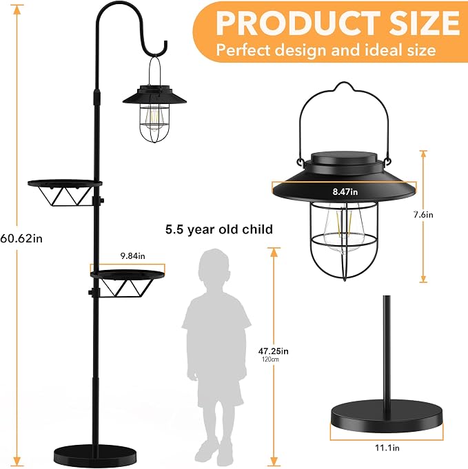 Candieslife 61" H Solar Lights Outdoor with Plant Stands - Metal Shepherd Hook Lantern, Waterproof Floor Lamp with Heavy Base for Patio Porch Deck Yard Garden Decor