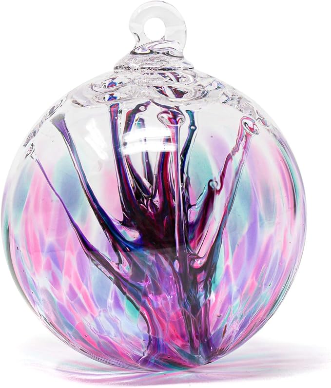 Luke Adams Glass | 4" Large Glass Tree of Life | Handmade Ornament | Hanging Garden Gazing Ball | Indoor Outdoor Home Décor | (Pink Violet Teal)
