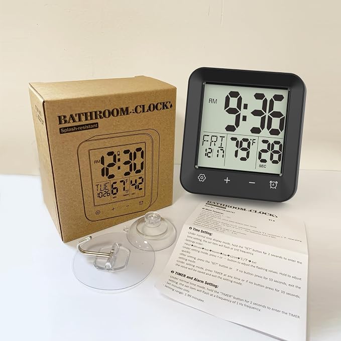 Waterproof Shower Clock, Digital Bathroom Kitchen Wall Clock Timer with Temperature, Touch Screen, Suction, Hanging Hole, Battery Operated, Black