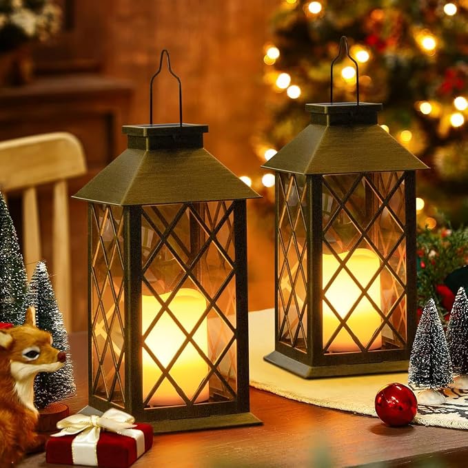 TAKE ME 14" Solar Lanterns Outdoor Waterproof Garden Lanterns Flameless Candle Mission Lights for Table,Outdoor,Party Mothers Day Gifts ( 2 Packs Brush-Painted Antique Bronze Color)