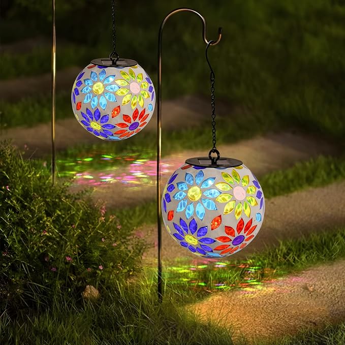 Mosaic Solar Lantern Outdoor Waterproof Glass Hanging Solar Lights, Multi | Solar Hanging Lantern IP44 Waterproof Mosaic Gazing Ball with White LED Lights, Metal Hanging Chain, Outdoor Pathway Decor