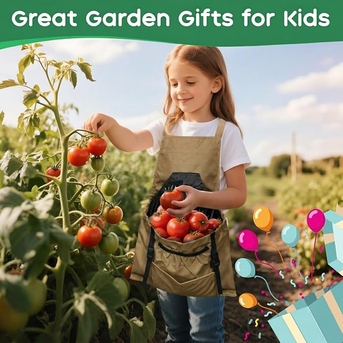 Kids Gardening Apron,Canvas Garden Apron with Pockets and Harvesting Pouch for 6-12 Grils and Boys