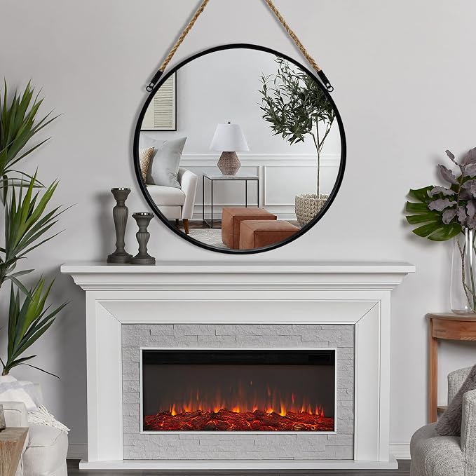POZINO 24" Round Mirror with Black Frame, Hanging Mirror for Wall | Circle HD Mirror with Jute Rope, Anti-Rust, Farmhouse Decorative Wall Mirror for Entryway, Living Room, Fireplace, Bathroom