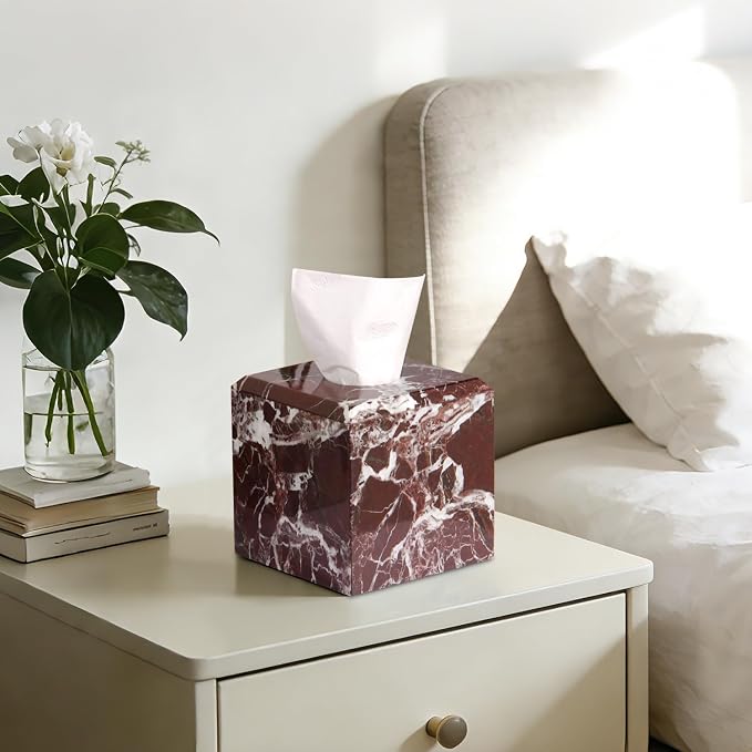 Natural Marble Square Tissue Box Cover ,Stone Modern Decorative Sturdy Napkin Box Holder Case,Facial Paper Organizer for Bathroom Vanity Toilet Countertop,Kitchen (1, Rosso Lepanto, 5.71*5.71*5.51)