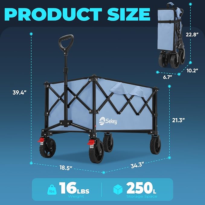 Sekey Collapsible Foldable Wagon with 300lbs Weight Capacity, Heavy Duty Folding Wagon Cart with Big All-Terrain Wheels.Blue