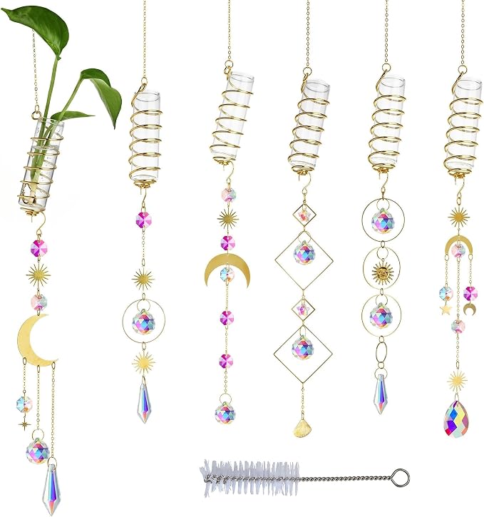 HDCRYSTALGIFTS 6Pcs Crystal Suncatchers with Propagation Stations,Glass Wall Planters for Indoor Plants Hydroponics - Propagation Tubes Jars with Sun Catchers Metal Chain for Home Whimsical Decor