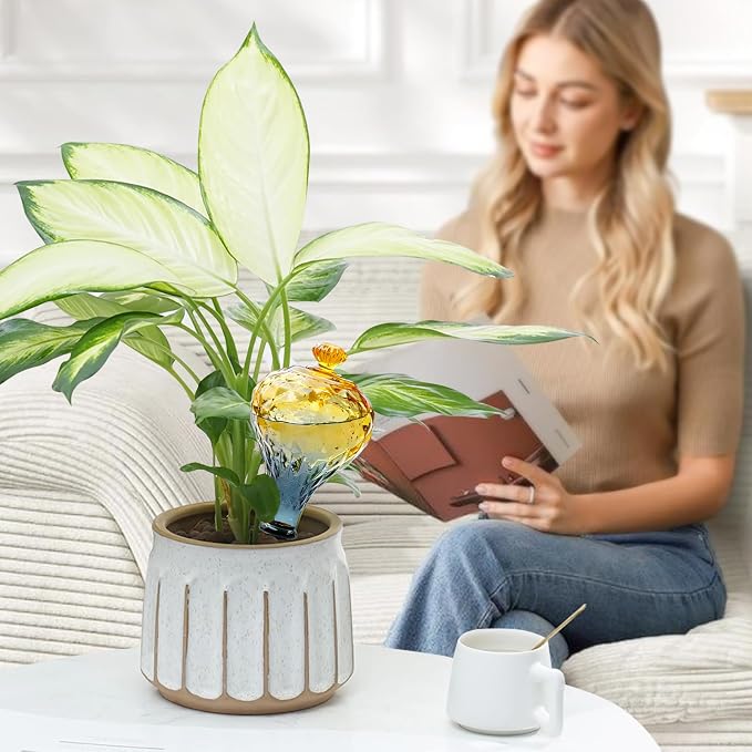 12 oz Plant Watering Globes, Yellow Glass Self Watering Bulbs Top Fill with Terracotta Spikes Stake, Self Watering Planter Insert Vacation Automatic Plant Waterer Device for Indoor & Outdoor
